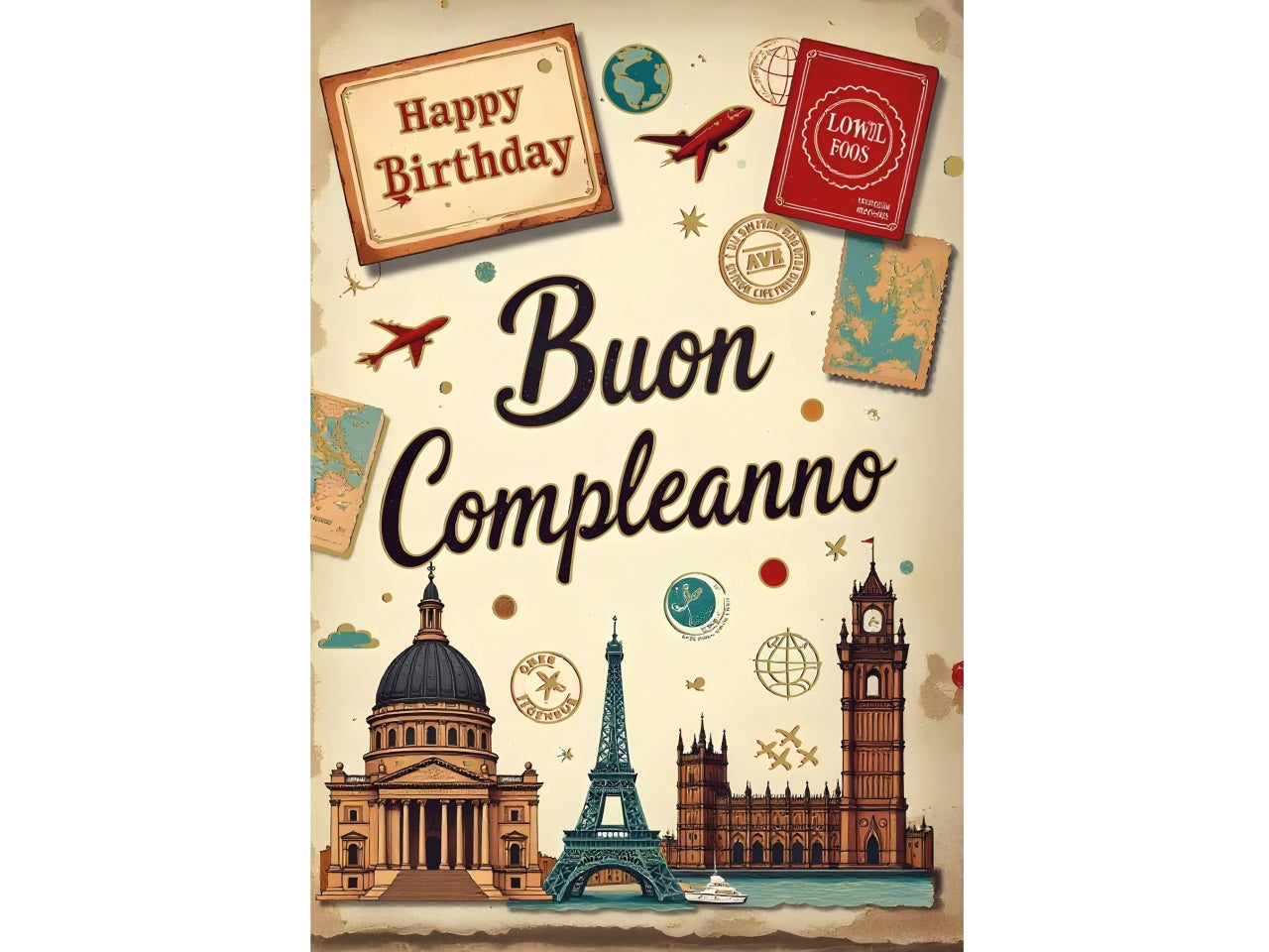 Biglietto buon compleanno viaggi vintage