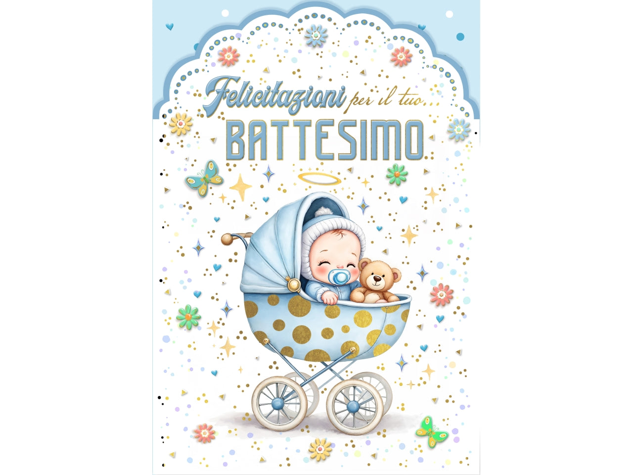 Biglietto felice battesimo carrozzina azzurra