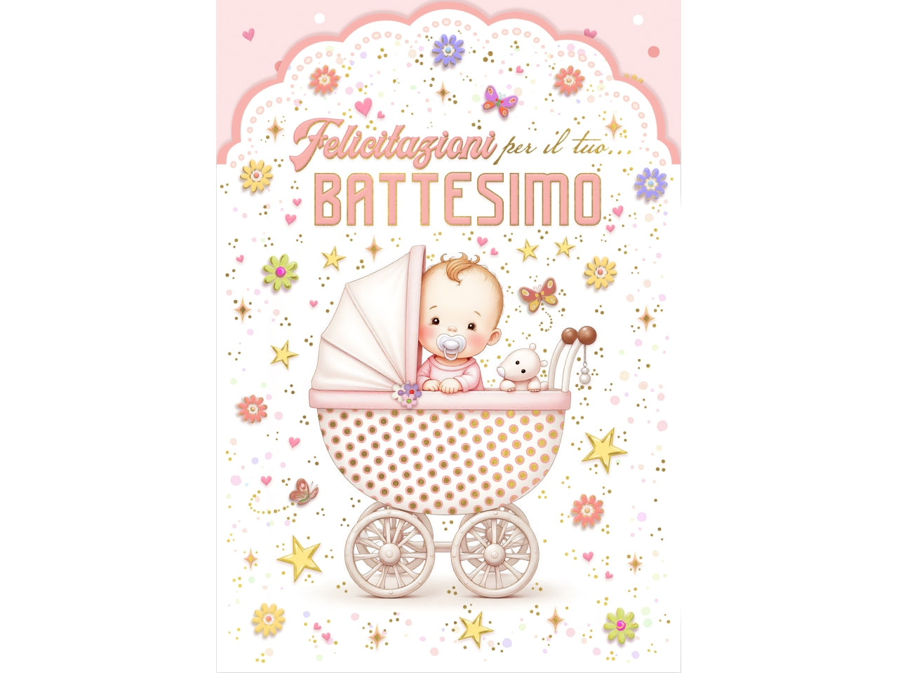 Biglietto felice battesimo carrozzina rosa