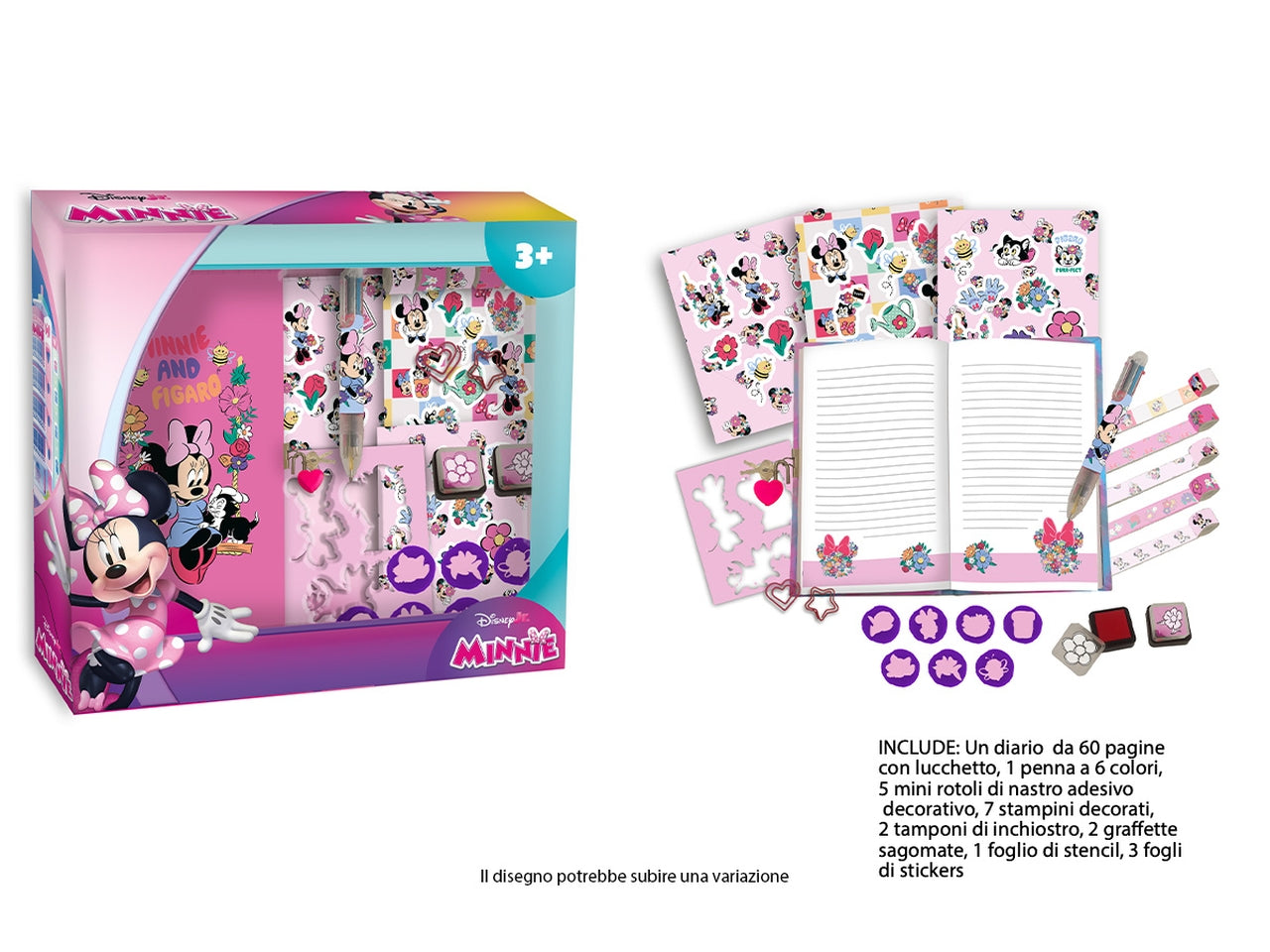 Minnie Set agenda con timbrini, penna 6 colori