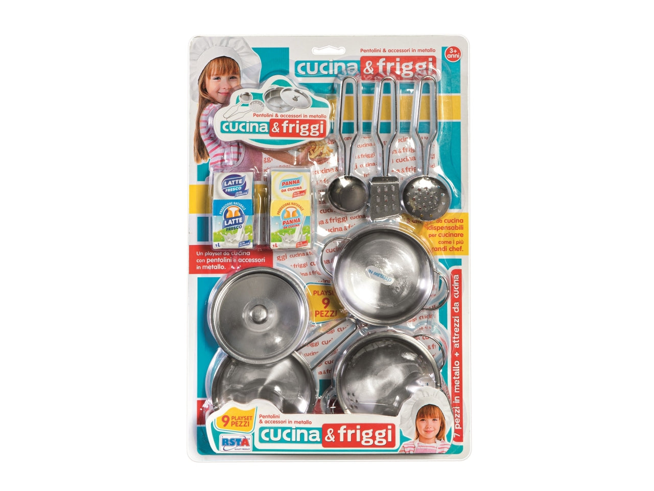 Cucina con pentolini metallo e attrezzi9pz