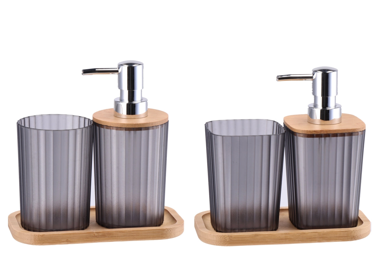 Set bagno in plastica dipenser e bicchiere con vassoio in bambu, 2assortimenti