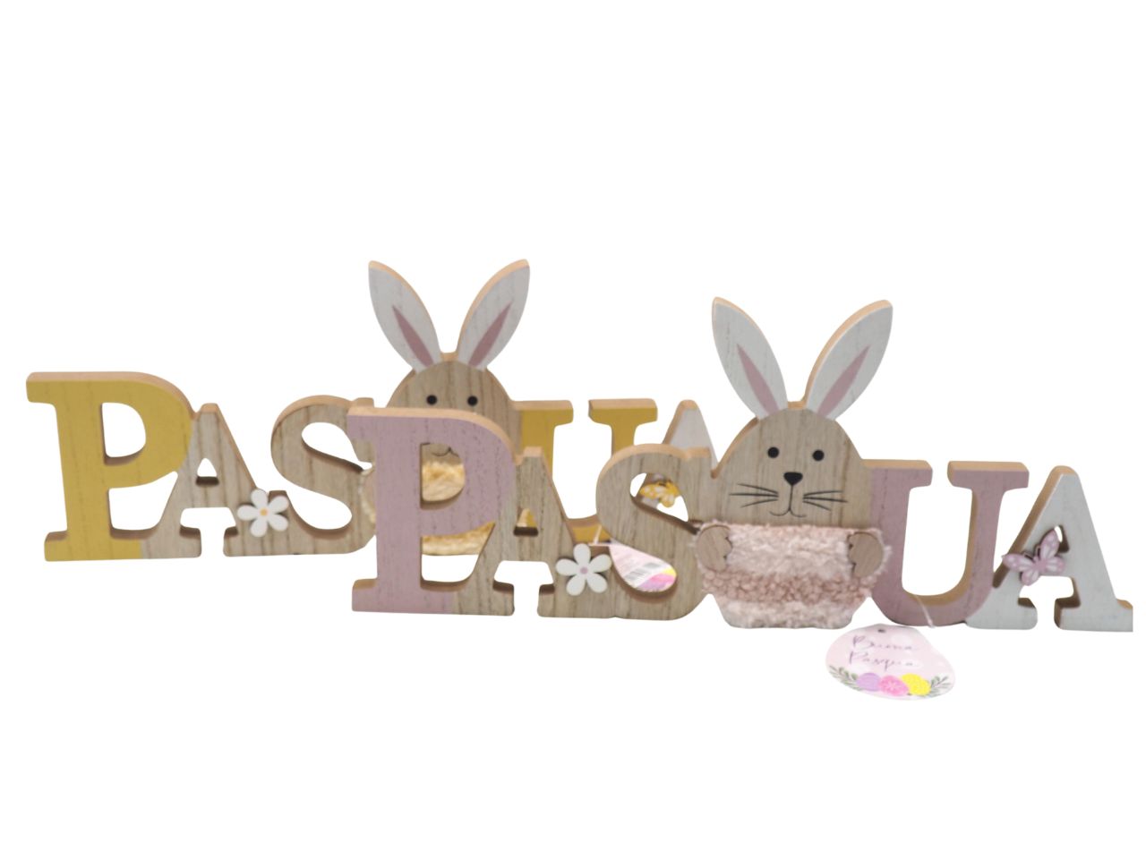 Scritta pasqua legno colorato con conigli h.17x39x2cm in 2 colori assortiti