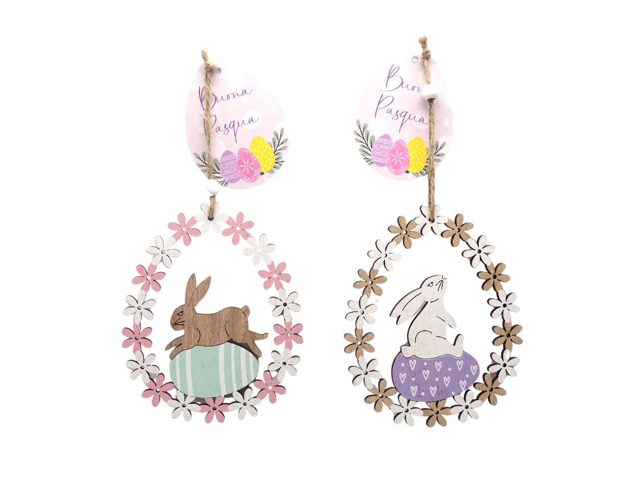 Corona legno h.13x10,5cm con soggetti in legno pasquali in 2 assortimenti
