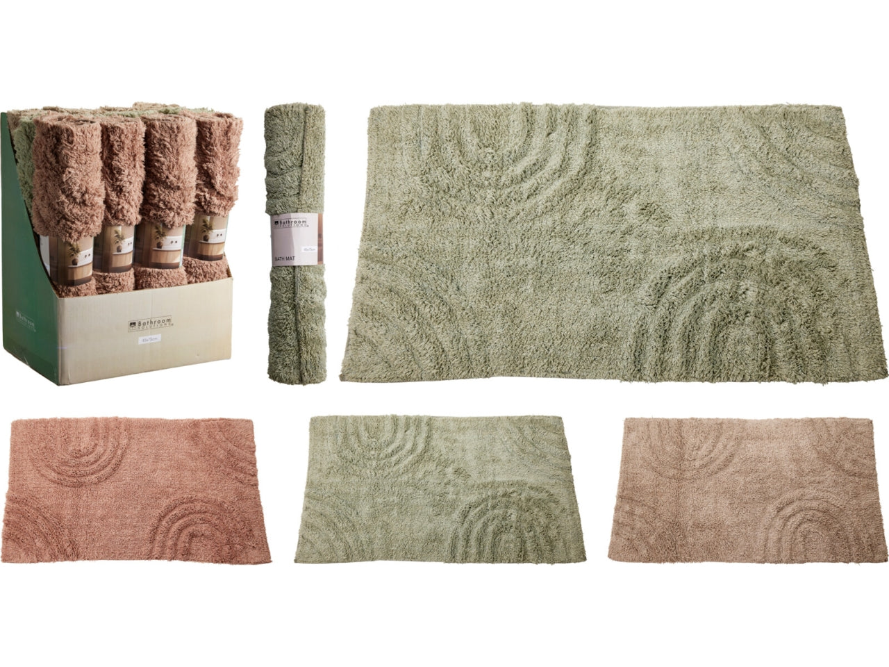 Tappeto da bagno con motivo circolare, dimensioni 45x75cm Disponibile in rosa, sabbia e verde. Realizzato in 85% cotone e 15% poliestere.