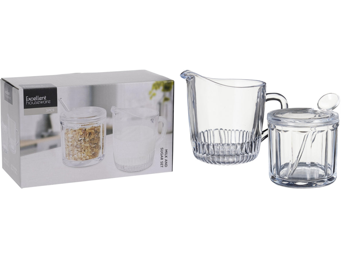 Set zucchero e latte in vetro sodalime composto da barattolo dello zucchero con coperchio, lattiera e cucchiaio da 13cm. Entrambi i barattoli misurano d.9xH.8cm Vetro trasparente
