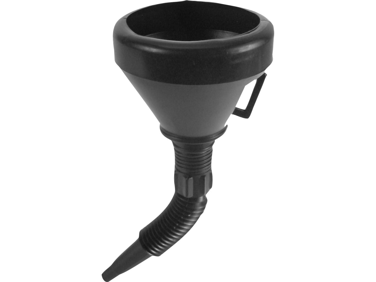 Imbuto flessibile nero con diametro interno di 11cm, diametro esterno di 13,5cm e lunghezza totale di 38cm.