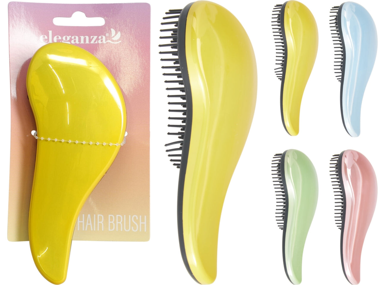 Spazzola per capelli in ABS con TPE, dimensioni 14,7x6x3,3cm, peso 31gr In 4 colori assortiti con rivestimento UV, su cartoncino design appendibile.