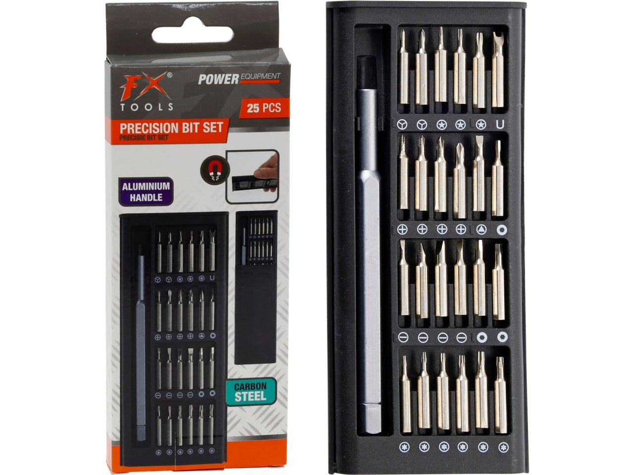 Set cacciavite 24-in-1 in scatola PP con manico in alluminio e 24 punte in acciaio. Include punte PH, Torx, esagonali, Y e U. Peso totale 140gr Colore nero