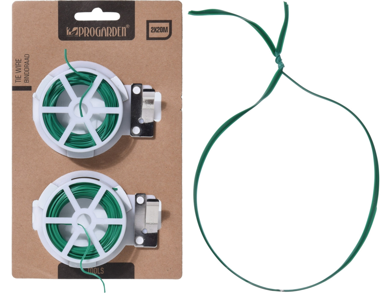 Filo metallico con rivestimento in PE verde, set da 2 pezzi da 20m ciascuno. Dotato di taglierino integrato e confezionato su scheda tie-on.
