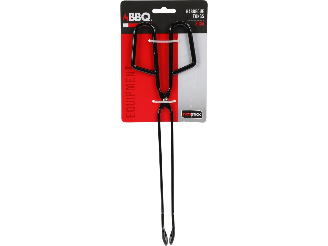 Pinza da BBQ con rivestimento antiaderente (PTFE) nero e manico nero rivestito in PU. Lunghezza 31,5cm con filo da 3,9mm, peso 108gr Fornita su cartoncino appendibile (17x12cm) con grafica linea BBQ.