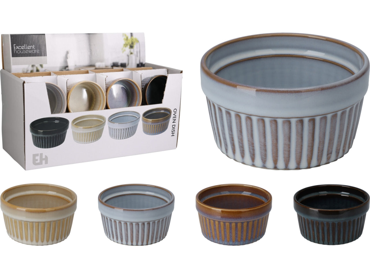 Pirofila in gres con capacità di 200ml, dimensioni d.9,5xh.5cm. Disponibile in 4 colori assortiti con smalto reactive glaze