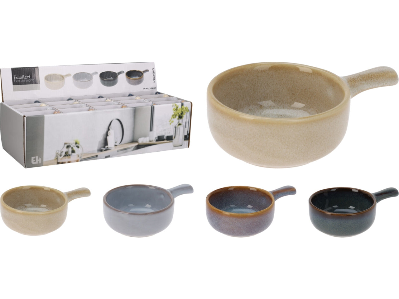 Pirofila da forno in faience con manico, capacità 90ml. Dimensioni 7x7,2x3,4cm. Smalto reactive all interno e all esterno in 4 colori assortiti