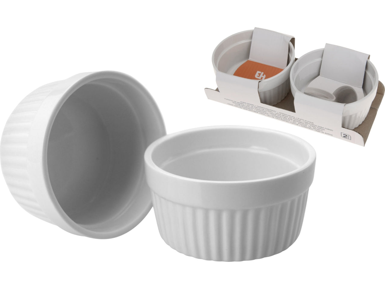 Pirofile da forno in porcellana con capacità di 200ml, dimensioni 9x4,6cm. Set da 2 pezzi in colore bianco pieno, ogni set confezionato in una fascetta a colori aperta su due lati.