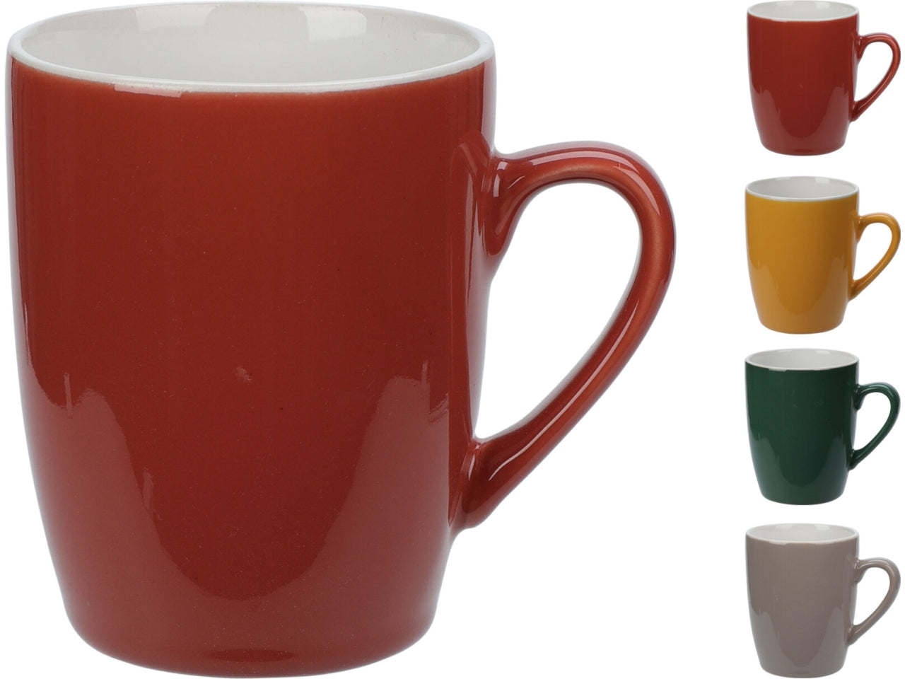 Tazza in gres con capacità di 380ml. Dimensioni: diametro base 6,3cm, diametro superiore 8,7cm, altezza 10,3cm. Disponibile in 4 colori pepper assortiti