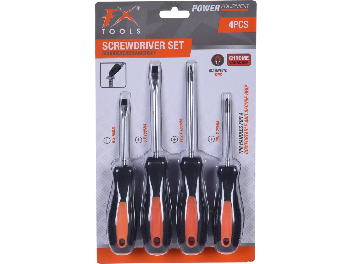 Set di 4 cacciaviti in blister sandwich con PH1 75mm, PH2 100mm, taglio 5x75mm e 6x100mm. In acciaio CR-V con impugnatura bicolore arancione/nero.