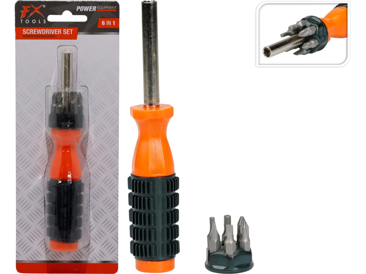 Set cacciavite 6 in 1 in PP e TPR, dimensioni 2,7x16cm, peso 95gr Include 6 inserti. Colore arancione