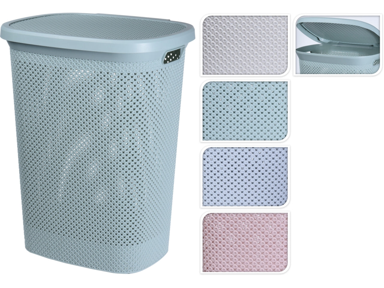 Cesto per il bucato in PP con capacità di 60lt. Dimensioni 37x46x59,5cm, peso 1610gr Disponibile in 4 colori assortiti: bianco crema, grigio, rosa e menta
