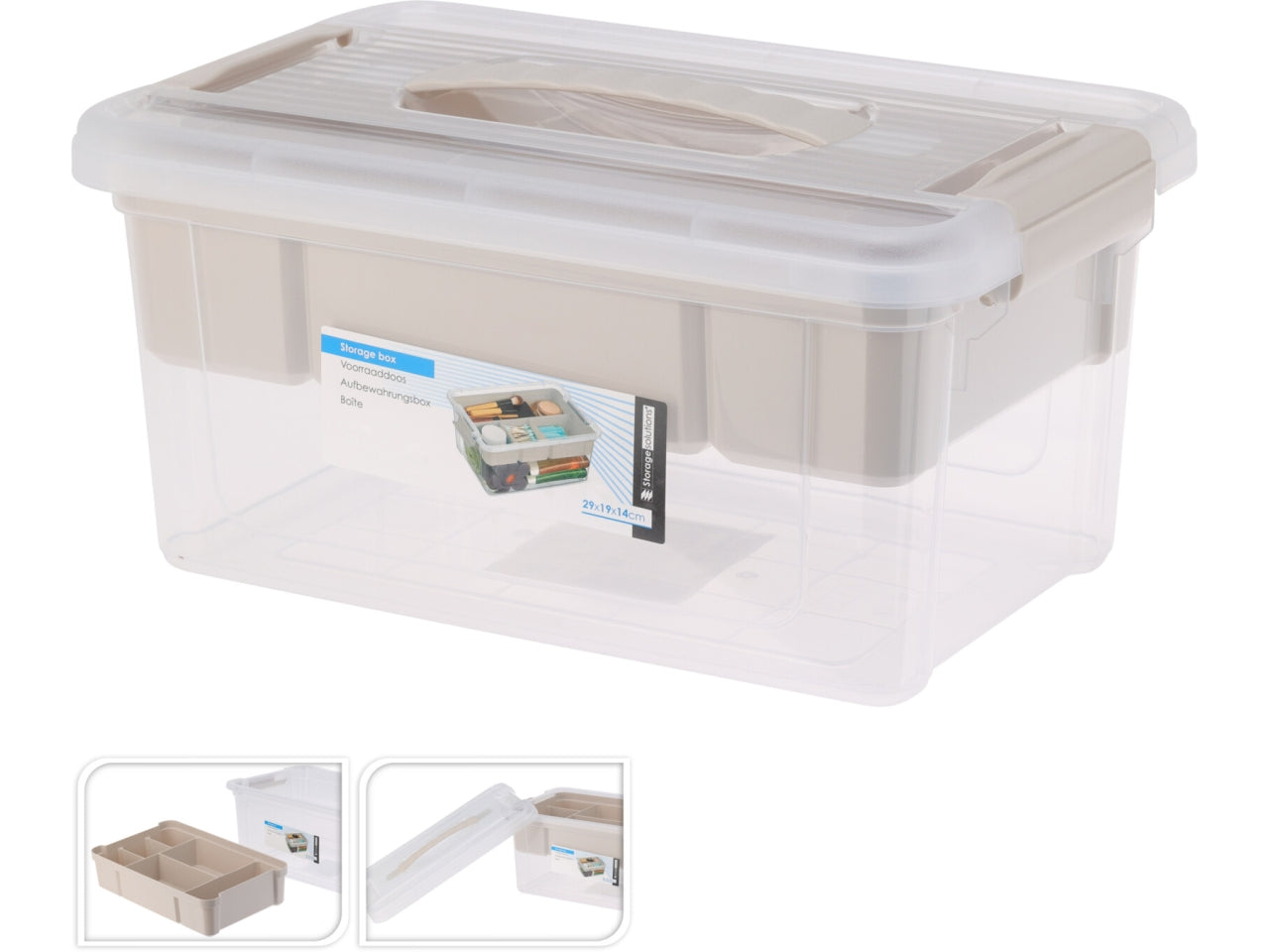 Scatola portaoggetti in PPRC trasparente con capacità di 5000ml. Dotata di manici grigi e organizer. Dimensioni 29x19x14cm, peso 415gr