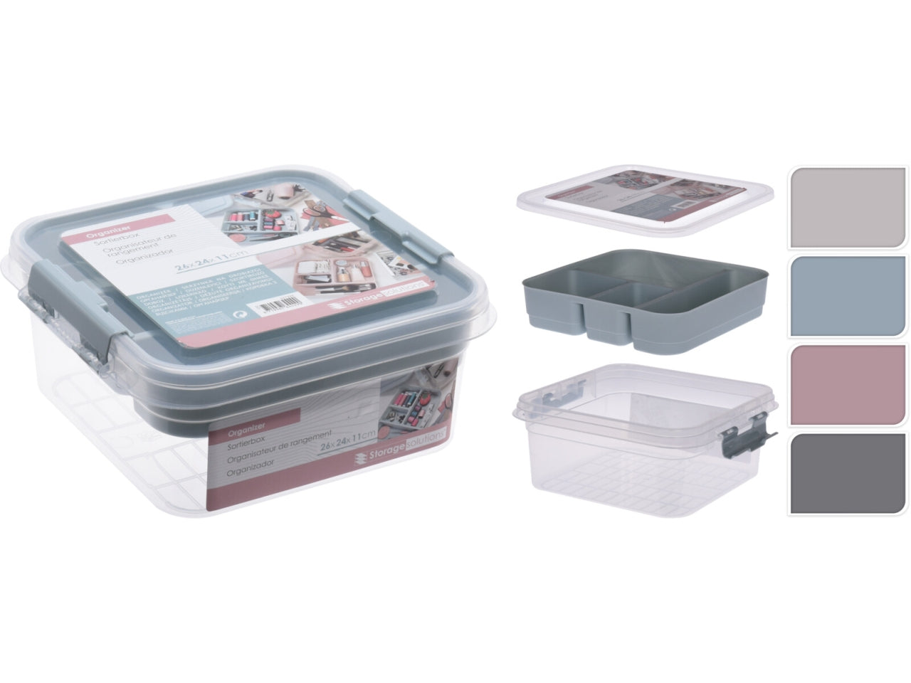 Organizer in PP, dimensioni 26x24x11cm, forma quadrata con due clip laterali. Peso 415gr Disponibile in 4 colori assortiti