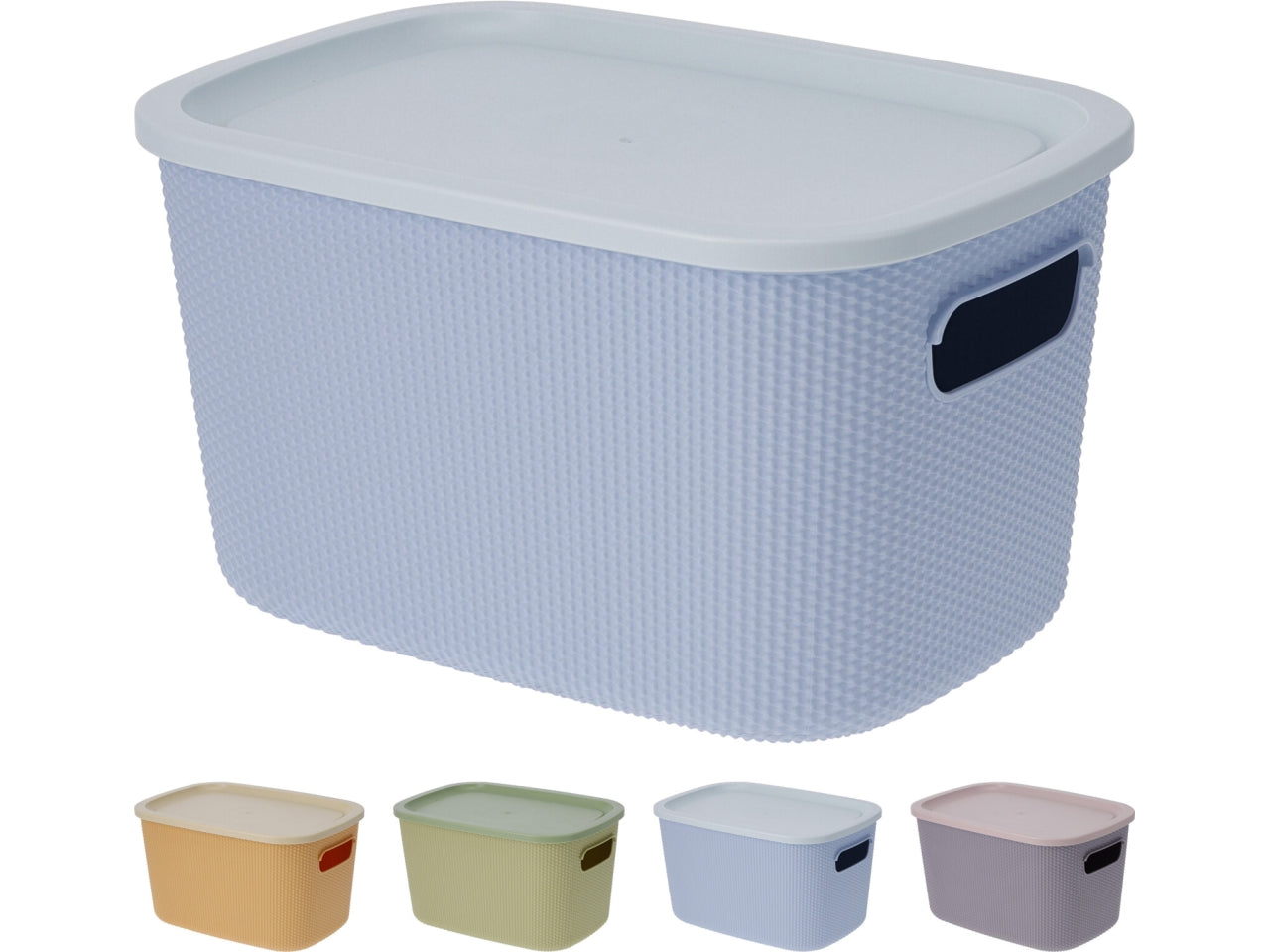Scatola portaoggetti in PP con coperchio, capacità 6lt, dimensioni 26,5x18,5x15cm e peso 256gr In 4 colori assortiti: verde, giallo, blu e viola.