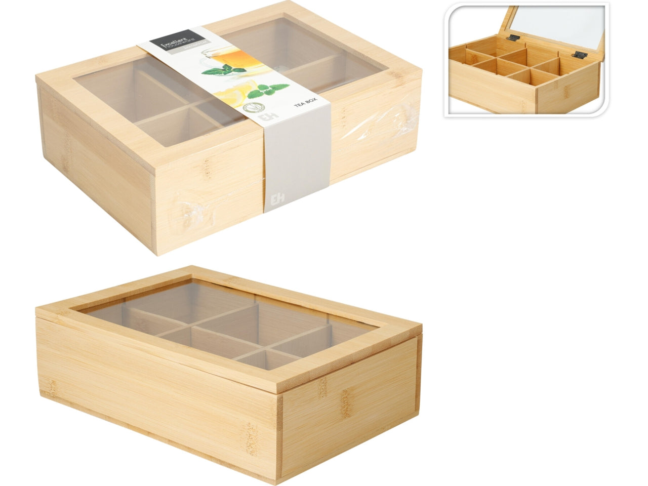 Scatola da tè in bambù, misura 24x16xH.7cm, peso 540gr Con 6 scomparti e coperchio trasparente