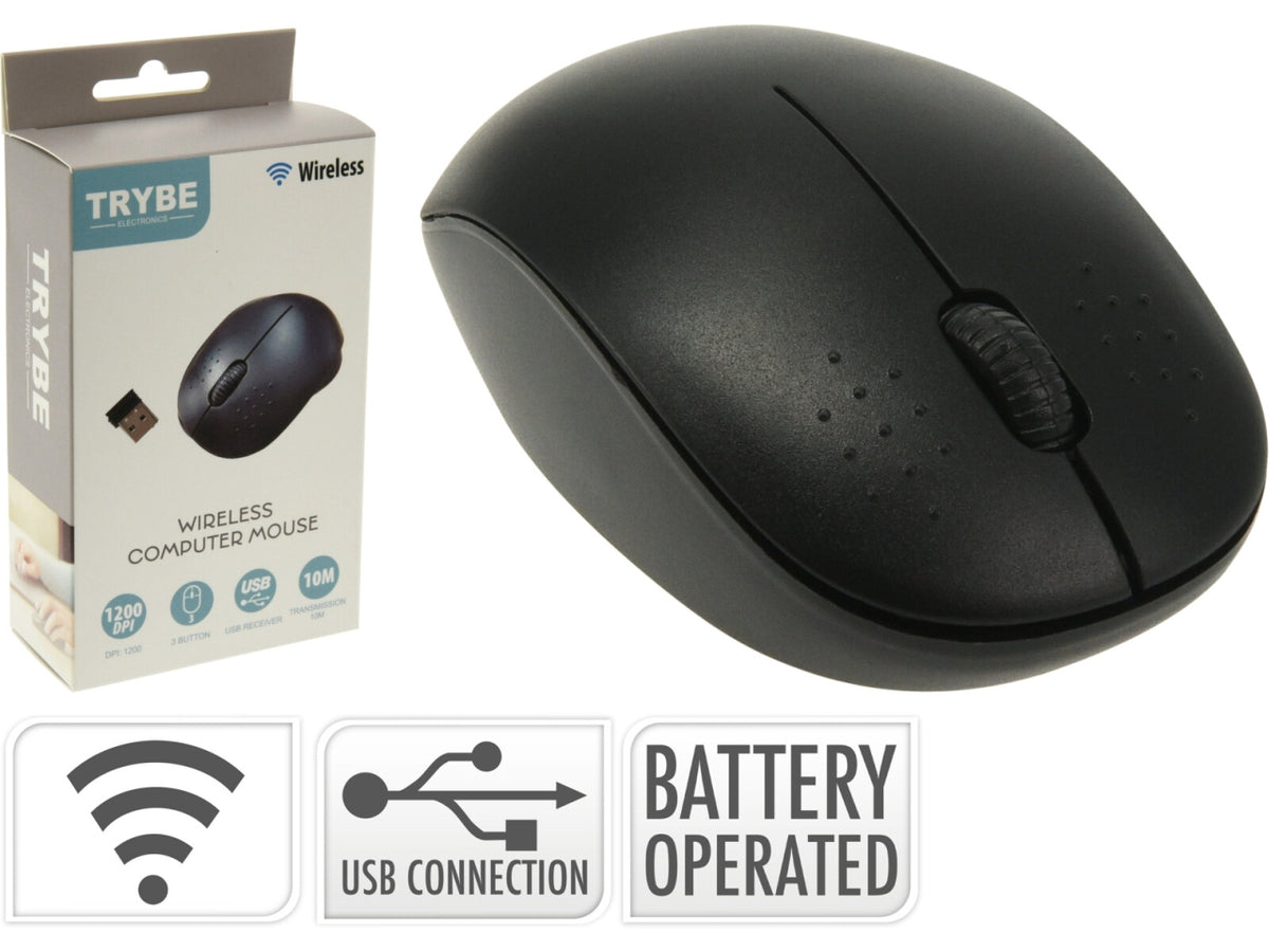 Mouse per computer wireless nero, dimensioni 100x65x30mm. Dotato di 2 pulsanti e rotella di scorrimento, sensore da 1200 dpi, funziona con 2 batterie AAA (non incluse). Connessione 2,4 GHz con ricevitore USB e portata di 10m