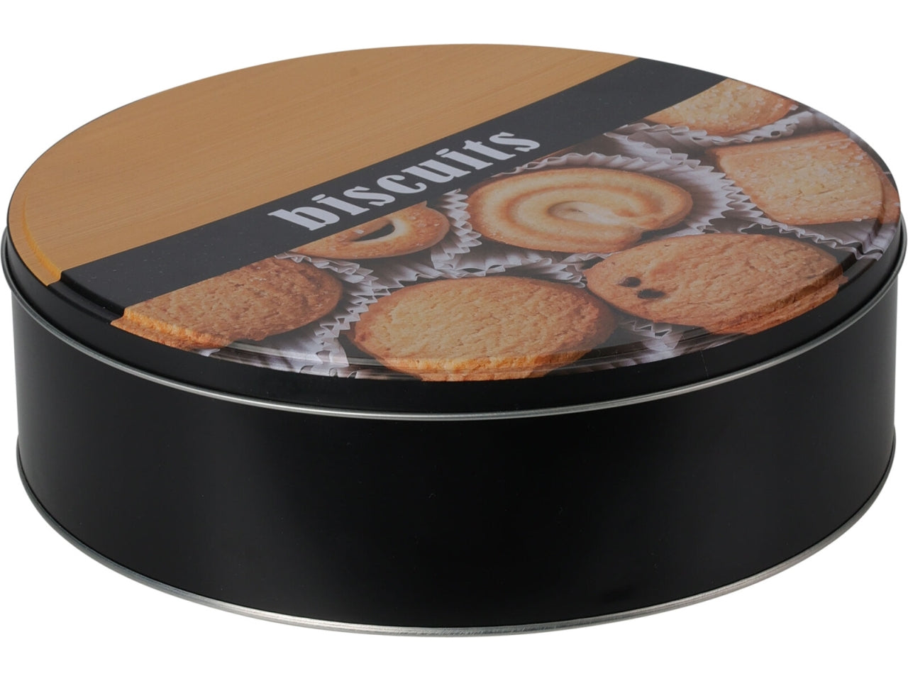 Scatola portaoggetti in metallo con finitura opaca e design fotografico di biscotti. Dimensioni d.22x6,5cm, spessore 0,22mm