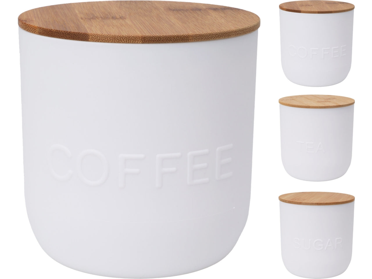 Scatola dispensa in PP, capacità 1000ml, d.12xh.12cm, spessore 2mm, peso 175gr. Colore bianco con 3 design assortiti: caffè, tè e zucchero. Coperchio in bambù con anello in silicone