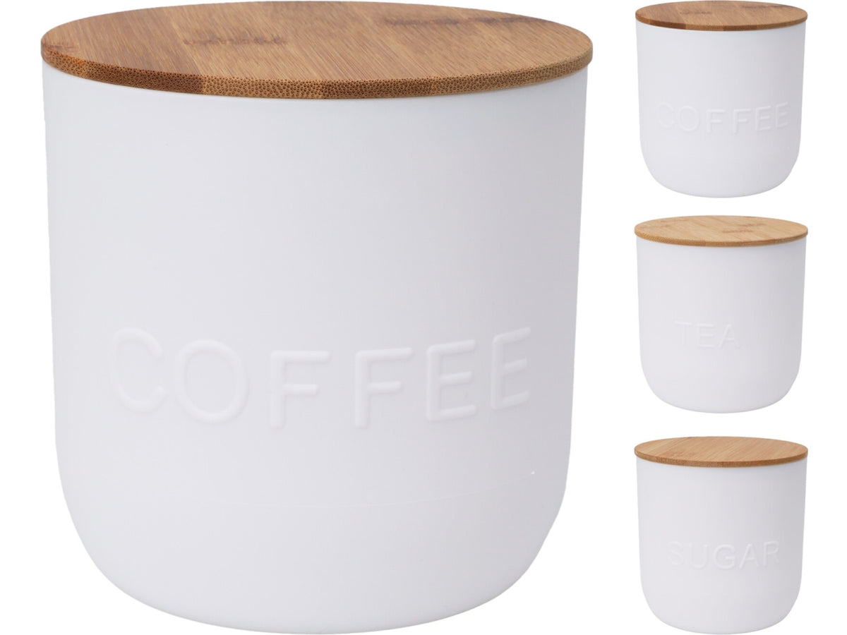 Scatola dispensa in PP, capacità 1000ml, d.12xh.12cm, spessore 2mm, peso 175gr. Colore bianco con 3 design assortiti: caffè, tè e zucchero. Coperchio in bambù con anello in silicone