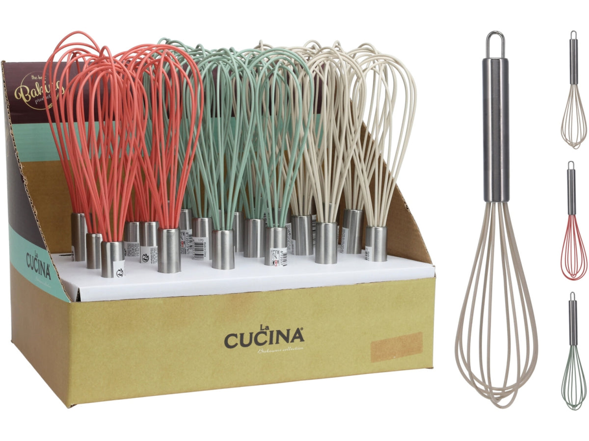 Frusta con manico in acciaio inox e parte frusta in silicone, lunghezza 26cm, peso 42gr. Conforme agli standard LFGB e DGCCRF. Disponibile in 3 colori assortiti Cucina HG 2022