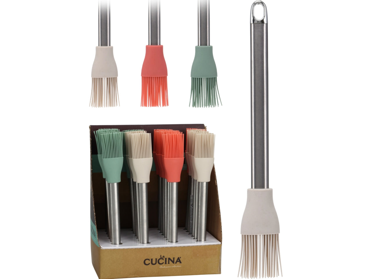 Pennello in silicone con manico in acciaio inox, lunghezza 26,5cm, peso 37gr. Conforme agli standard LFGB e DGCCRF. Disponibile in 3 colori assortiti Cucina HG 2022