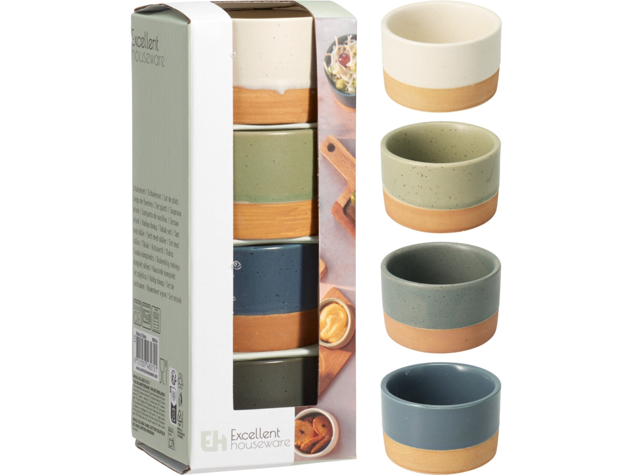 Set di 4 ciotole in gres, dimensioni d.6,5xh.4cm, peso 92gr ciascuna. Quattro colori in un set: blu scuro, antracite, crema e verde scuro.