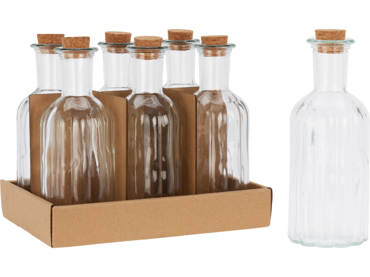 Bottiglia in vetro da 500ml, forma rotonda con tappo in sughero. Dimensioni d.7,5xH.19cm. Motivo a righe