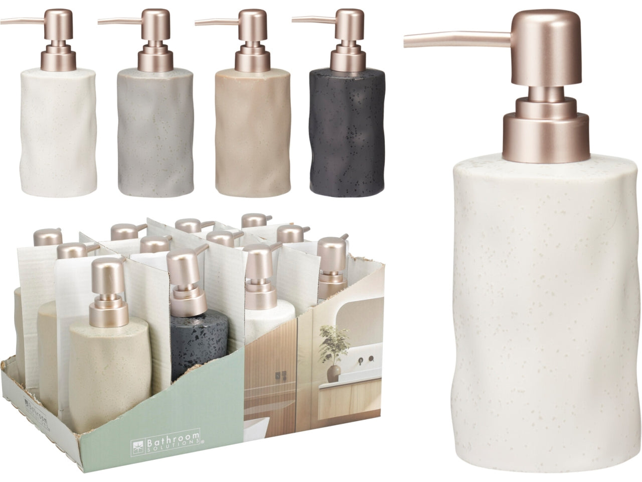 Dispenser sapone in gres, capacità 300ml, dimensioni d.8xH.17cm. Forma irregolare in 4 colori assortiti con pompa in PP argentata