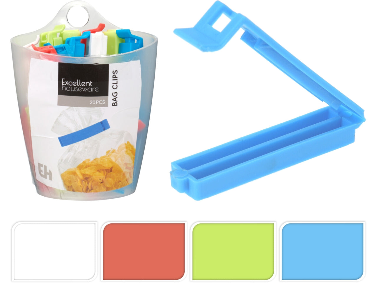 Set di 20 clip per sacchetti in 2 misure: 10 clip piccole da 6cm e 10 clip grandi da 11cm. In PP e fornite in supporto. Colori: verde, blu, rosso e bianco. Ogni set è confezionato termoretraibile