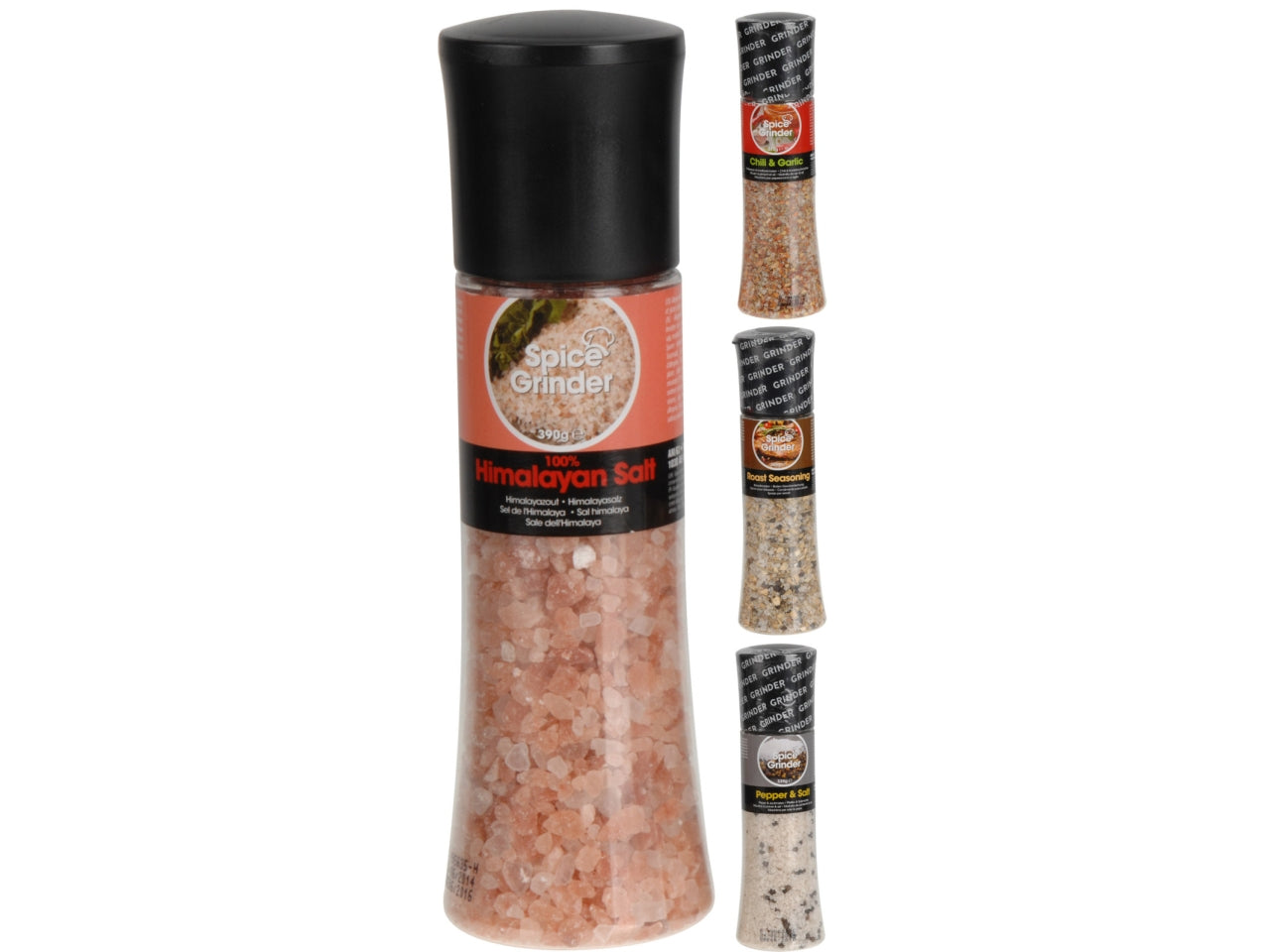 Macina spezie con bottiglia PET, 4 assortiti: sale marino, condimento roast, chili/aglio e sale rosa