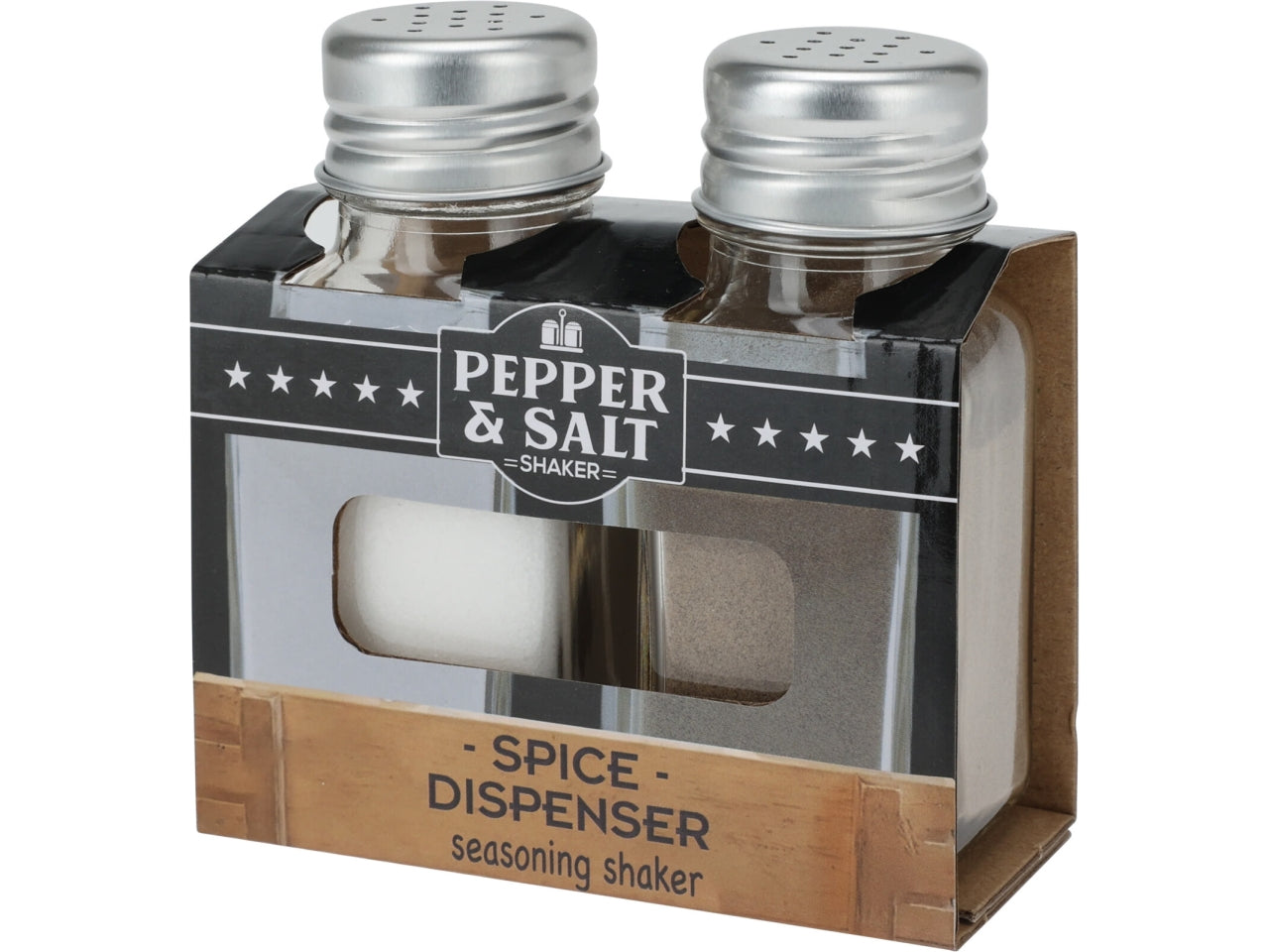 Set di 2 spargitori con sale marino fine (70gr) e pepe nero macinato (35gr). Bottiglie in vetro con tappo in alluminio, dimensioni 10x4,5x10cm