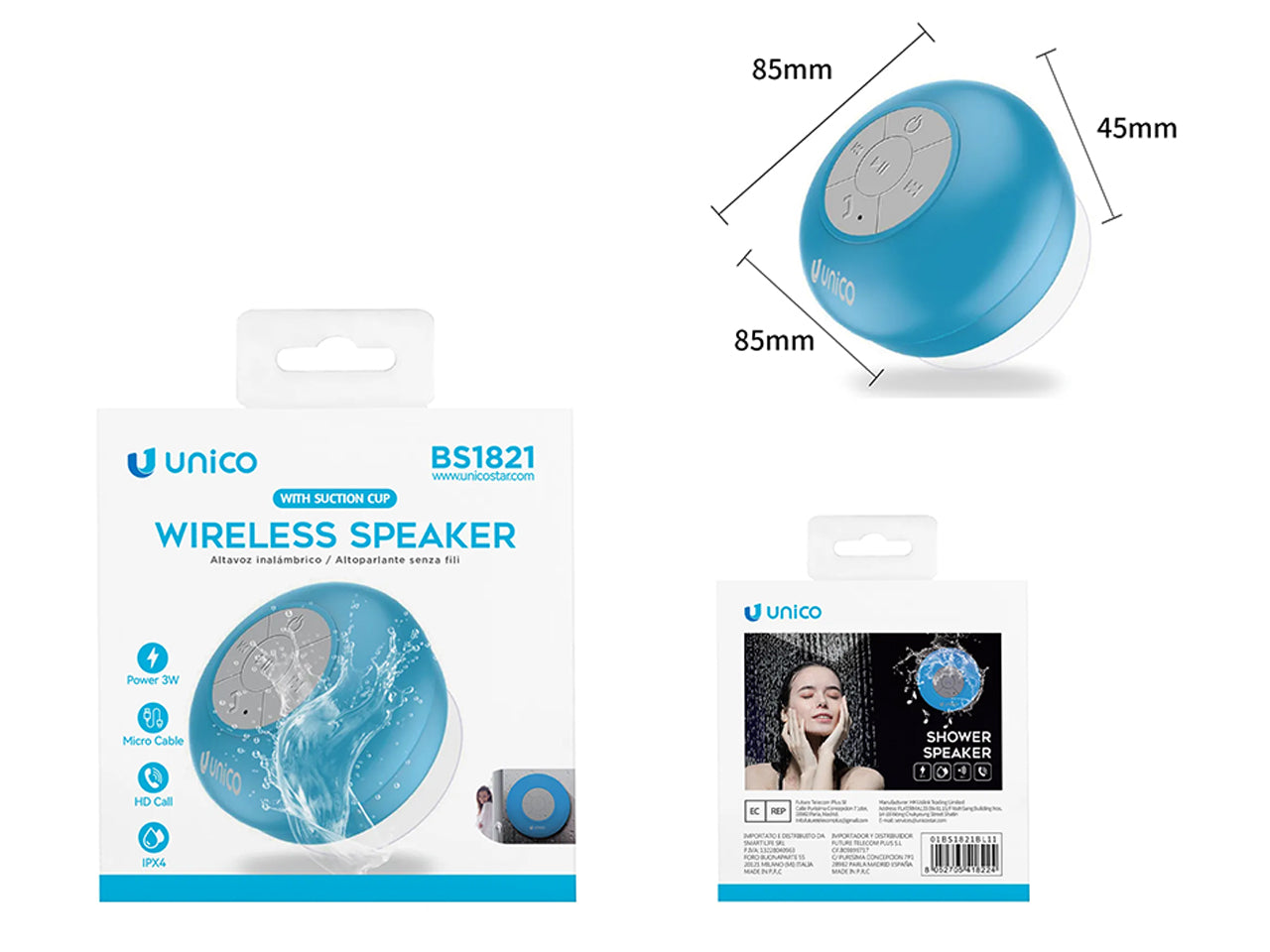 Altoparlante Bluetooth da bagno 3W, blu
