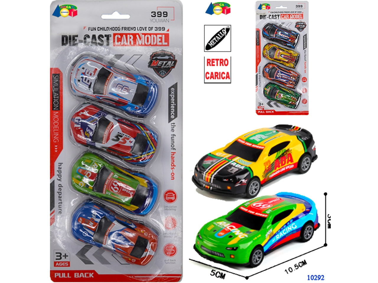 Auto metallo a retrocarica set da 4 auto assortite