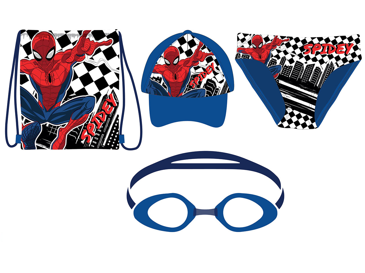 Sacca Spiderman con costume da bagno, occhiali e cappellino, taglie dalla 3 alla 8 anni assortite