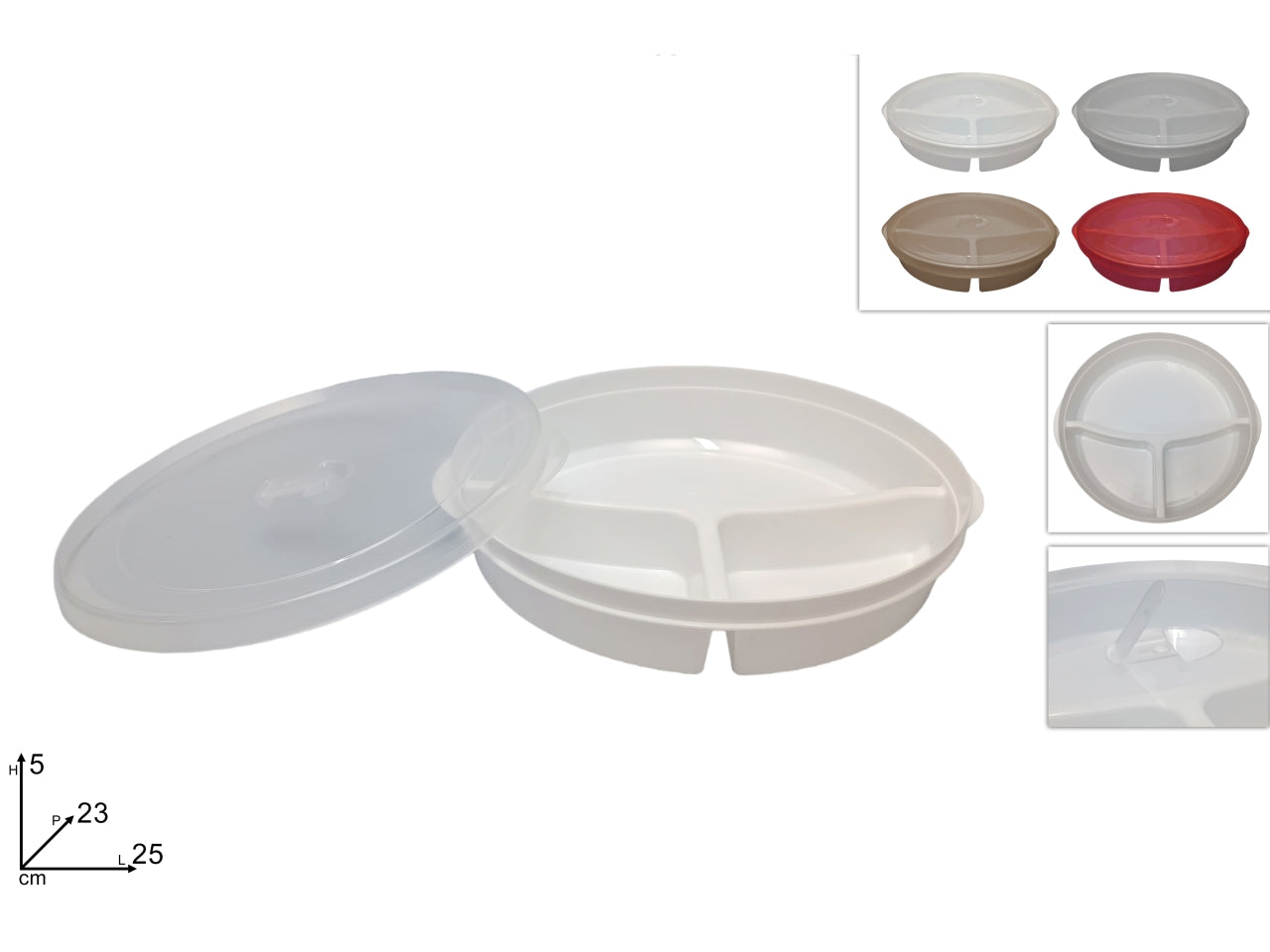 Contenitore in plastica tondo con 3 scomparti e coperchio in 4 colori assortiti