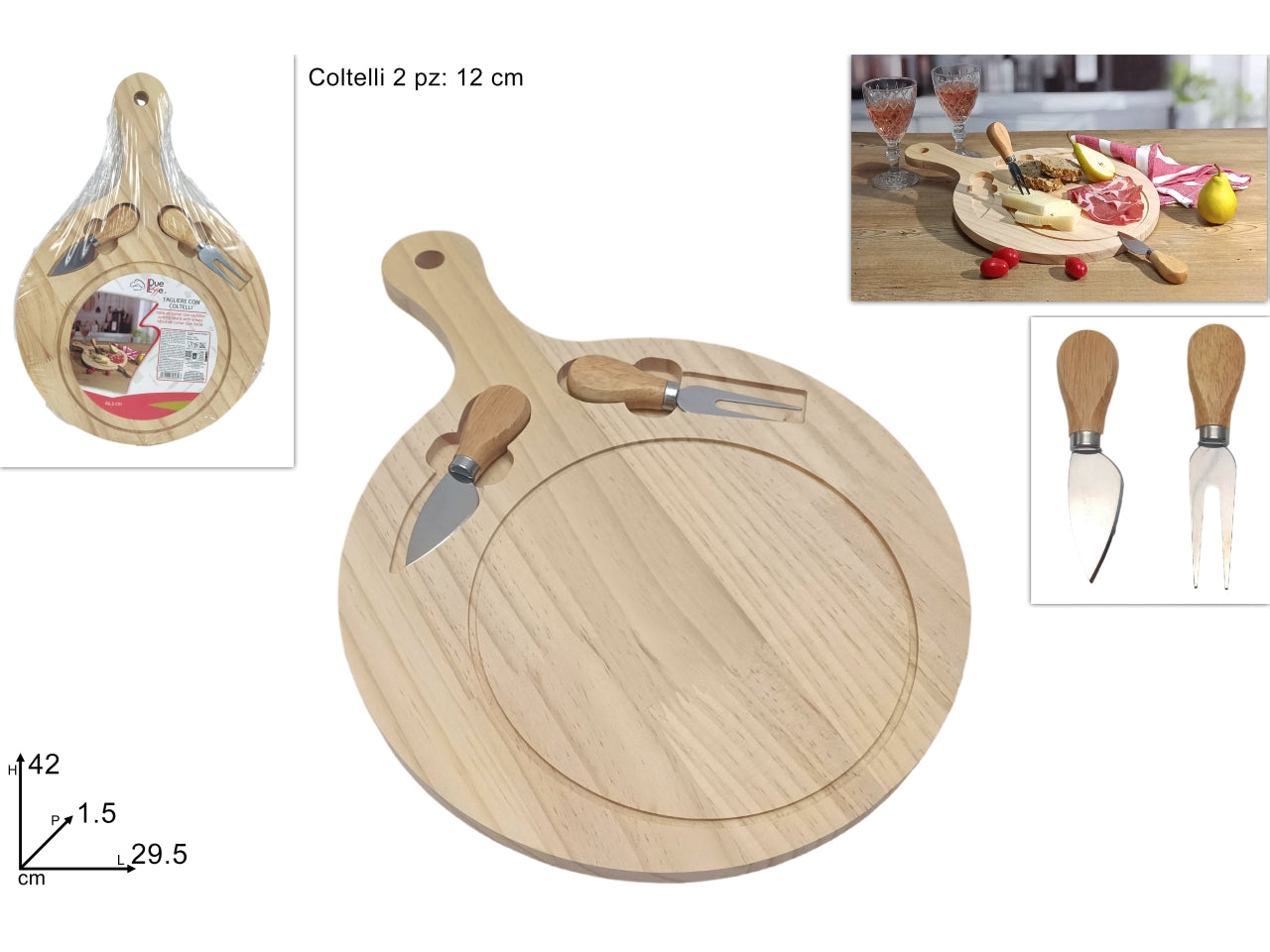 Tagliere legno d.29,5cm con 2 coltellini