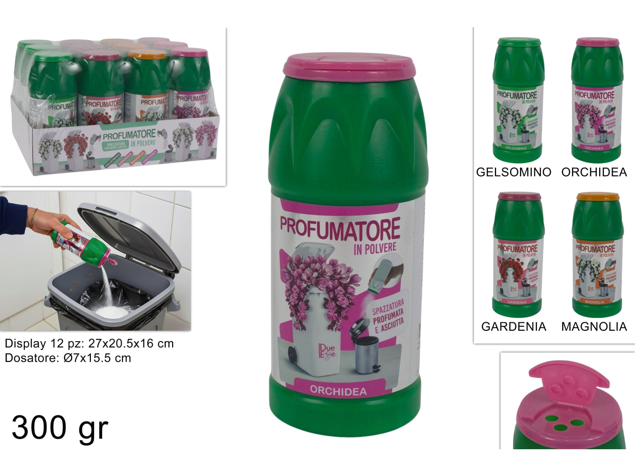Profumatore in polvere 300gr per bidoni spazzatura in fragranze assortite
