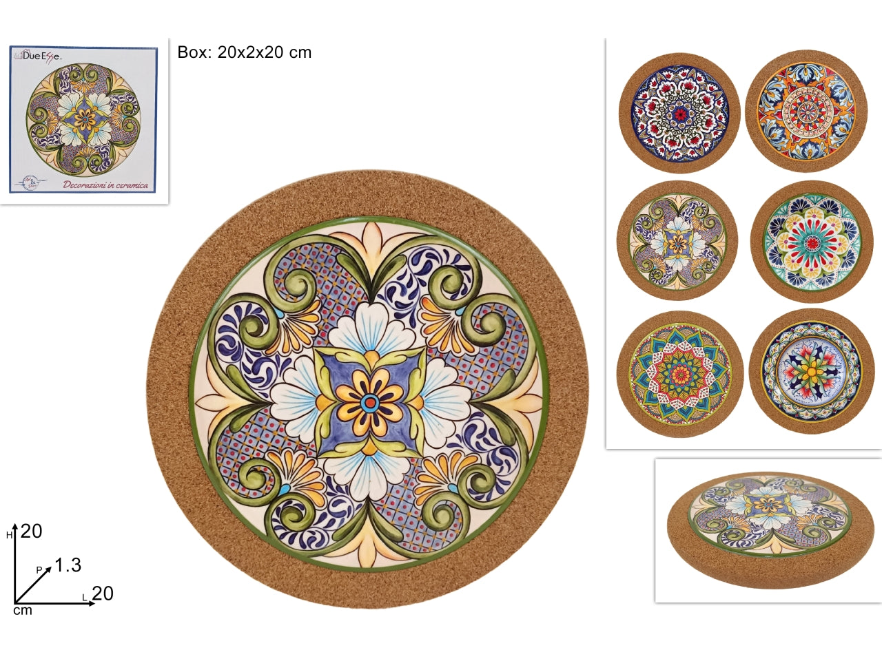 Sottopentola in ceramica e sughero tondo decoro maiolica, colori assortiti