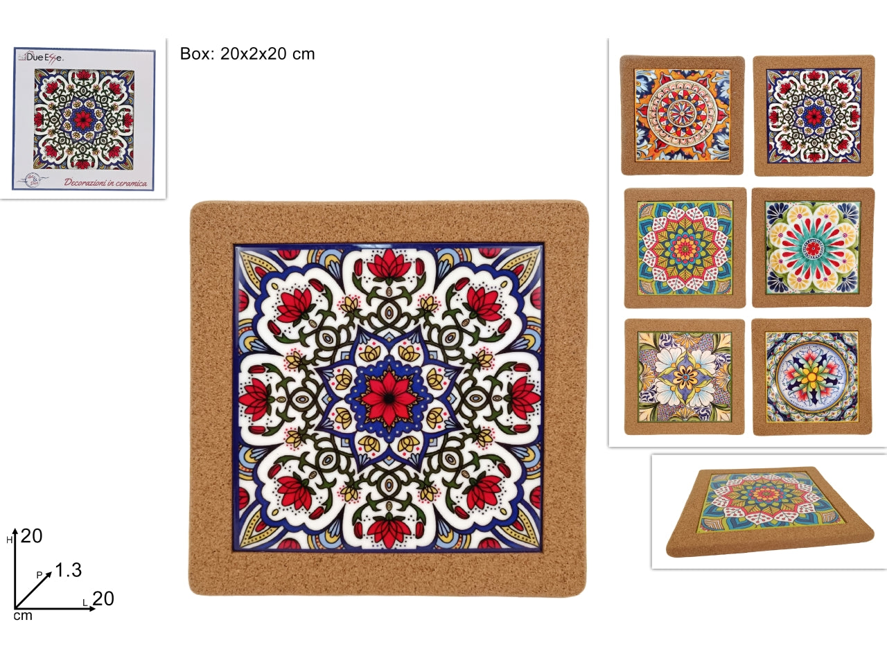 Sottopentola in ceramica e sughero quadrato decoro maiolica, colori assortiti