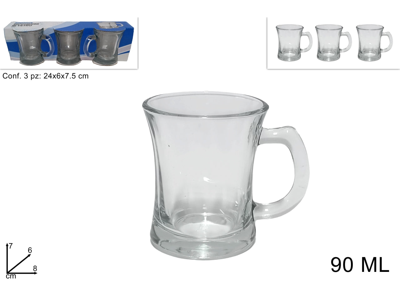 Set 3 bicchierini in vetro trasparente da 90ml