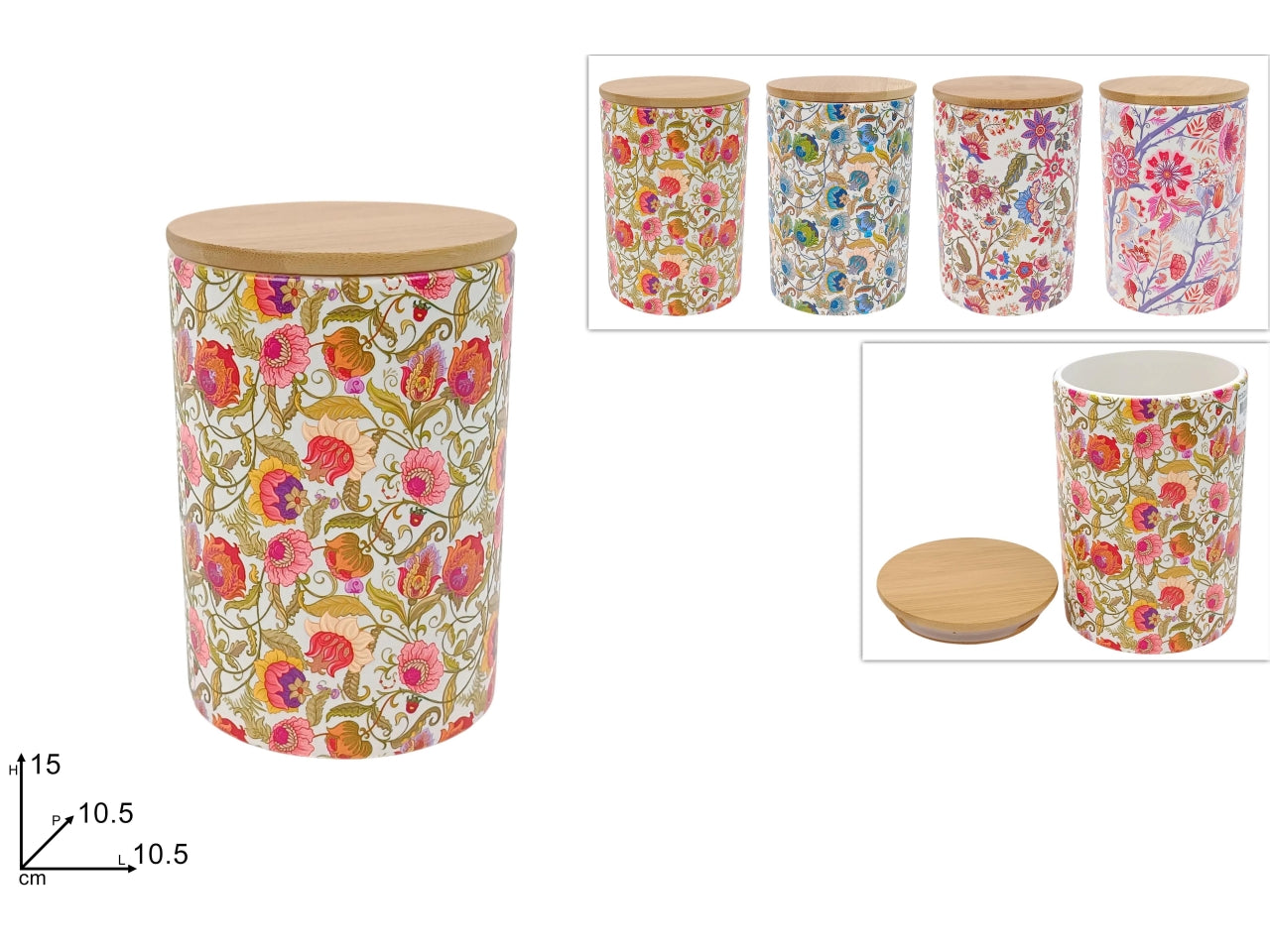 Barattolo in ceramica deocorazione fiori 3D 10,5xh.15cm con coperchio in sughero, 4 colori assortiti