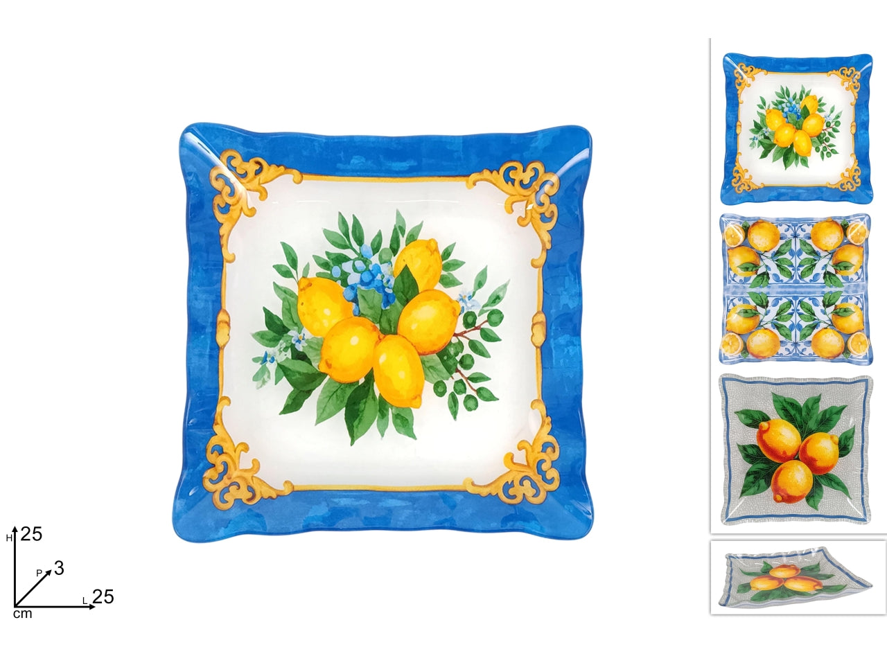 Piatto in vetro con decoro limoni 25x25cm, 3 assortimenti
