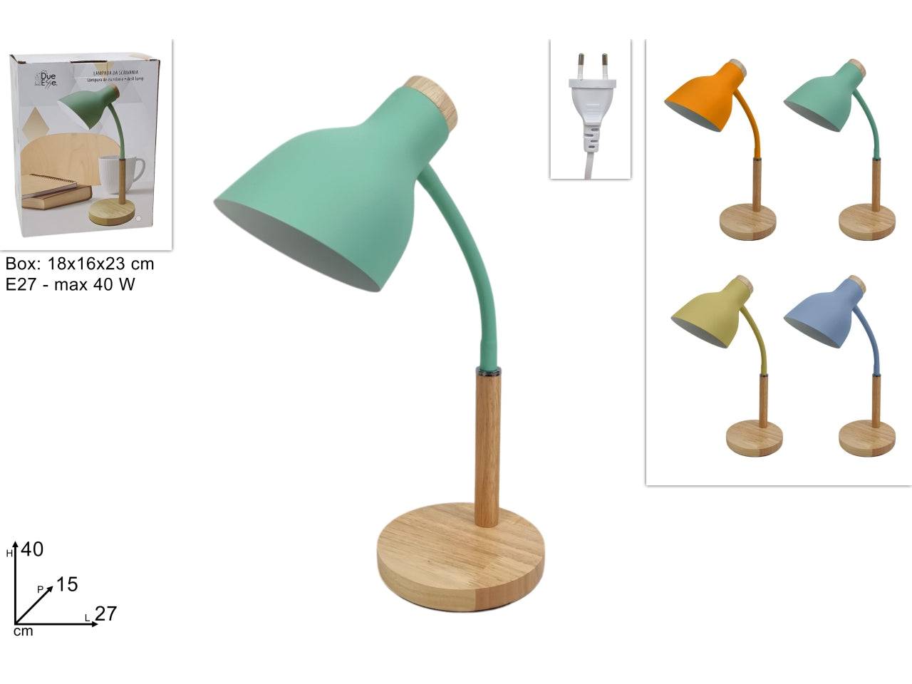 Lampada da tavolo 40cm regolabile in metallo con base legno in 4 varianti di colori